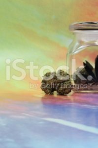 Medical marijuana in a jar with rainbow background image right
