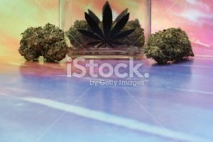 Medical marijuana in a jar with rainbow background image top